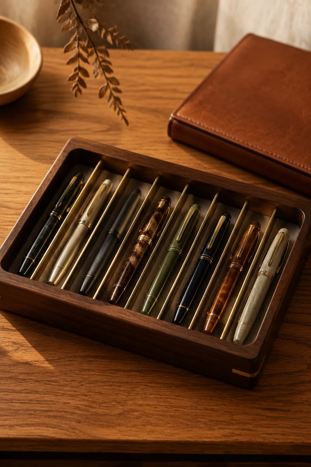 Solid walnut Atelier pen tray holding fountain pens with brass dividers on a desk